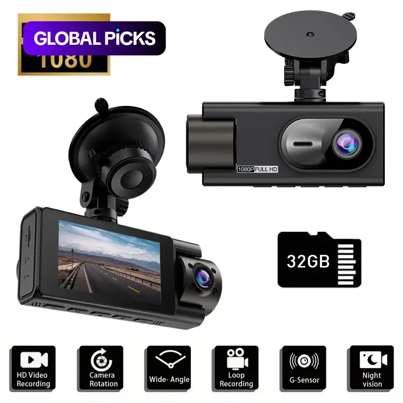 Dual Dash Cam, 1080P Front + 720P Cabin, Wide Angle, Night Vision, 24H Parking Monitor, G-Sensor, Loop Recording, Suction Cup Mount, PC Compatible, Car Dash Camera #GLOBAL PICKS