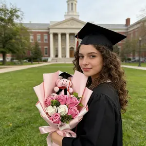 Graduation Bouquet with Pink Teddy Bear & Graduation Cap, Artificial Rose Flower Bouquet, Decorative, Cute Graduation Gift for Her, Photo Prop for High School College Graduation Ceremony, Graduation Decorations & Souvenir Gift