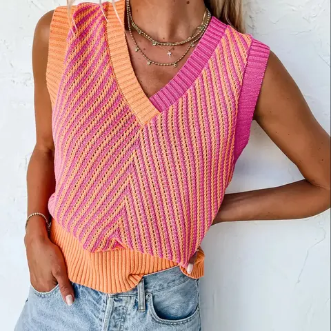 Women's Colorblock V Neck Fitted Sweater Vest, Striped Knit Vest, Casual Sleeveless Knit Top for Summer, Fashion Women's Knitwear for Daily Wear, Casual Comfy Vest, Womenswear