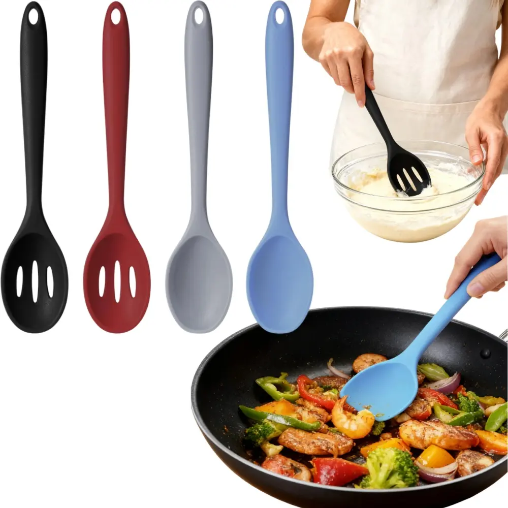 4Pcs Silicone-Nylon Kitchen Cooking Utensils Set - Nonstick Slotted Spoons, Serving Spoons, Basting Tool, Heat-Resistant Kitchen Cooking Accessories for Mixing, Serving, Draining
