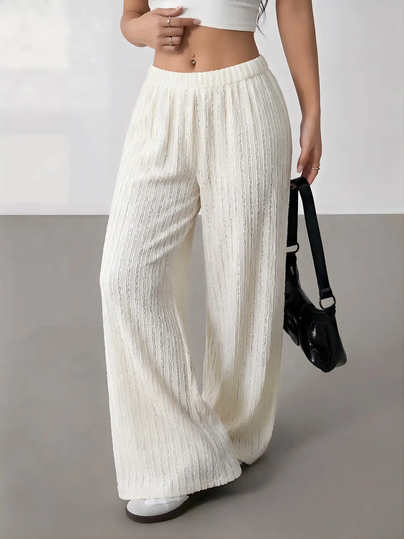 Women Apricot Crochet Wide Leg Pants High Waist Elastic Waist Beach Cover Up Trousers, Boho Festival Trousers, Boho Vacation Pants Lightweight Breathable Loose Fit Summer Resort Wear Casual Streetwear