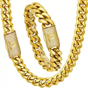 18K Gold Plated Stainless Steel Miami Cuban Chain Necklace/Bracelet with Custom A-Z Initial Engraved Flip Clasp Slim and compact design Miami hip-hop style fashion piece for everyday wear, also suitable as jewelry for special occasions.