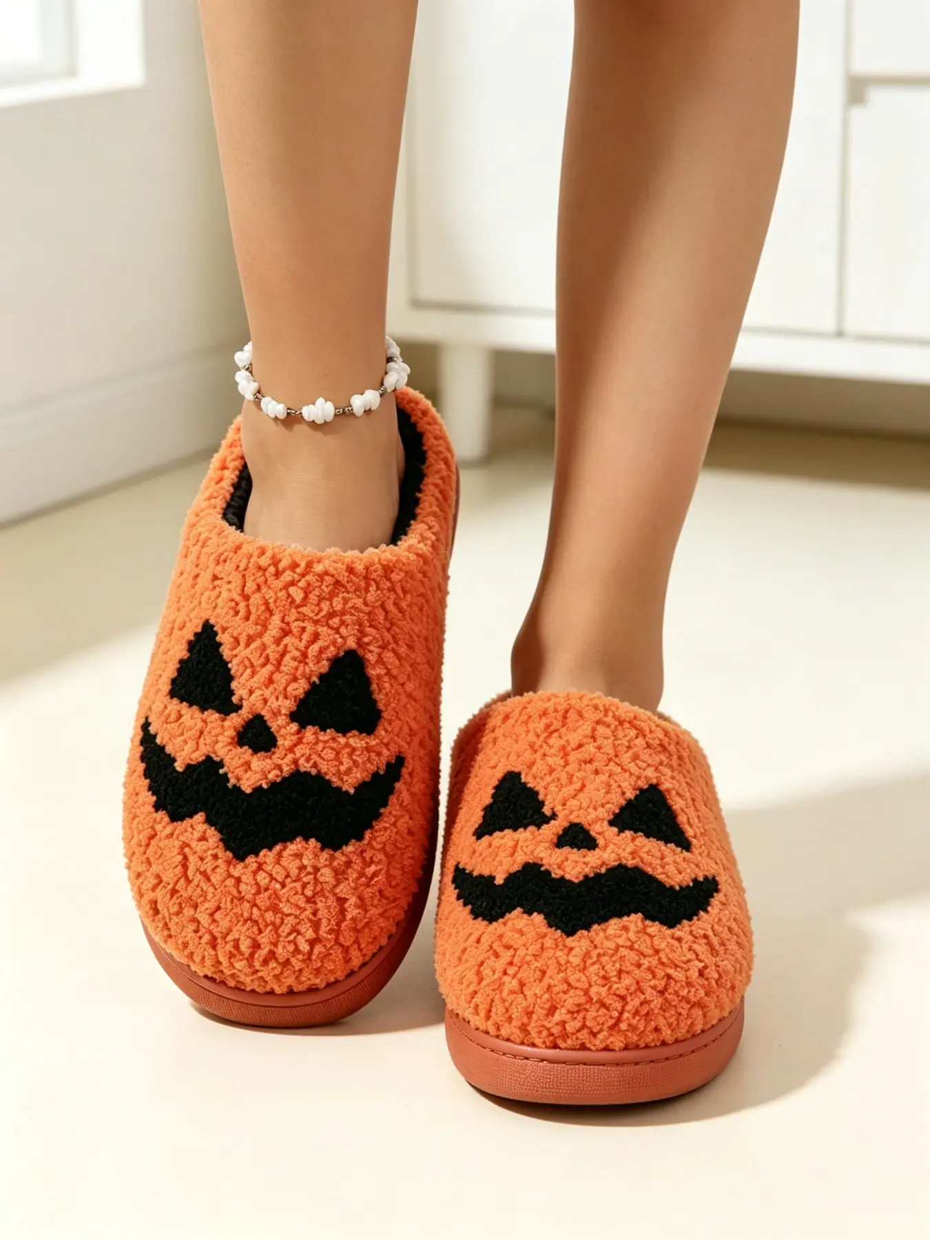 Women's Fashion Halloween Pumpkin Pattern Slippers, Plush Sheepskin Lining, Warm Non-Slip Flat Shoes, Indoor Casual Footwear