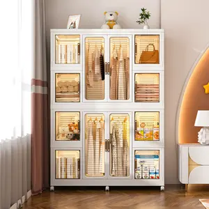 Portable White Wardrobe Closet Storage Organizer, 46x18x60in, 12 Magnetic Doors with 12 Cubes & 2 Hanging Rods, 16 Hangers, American Design PP Material