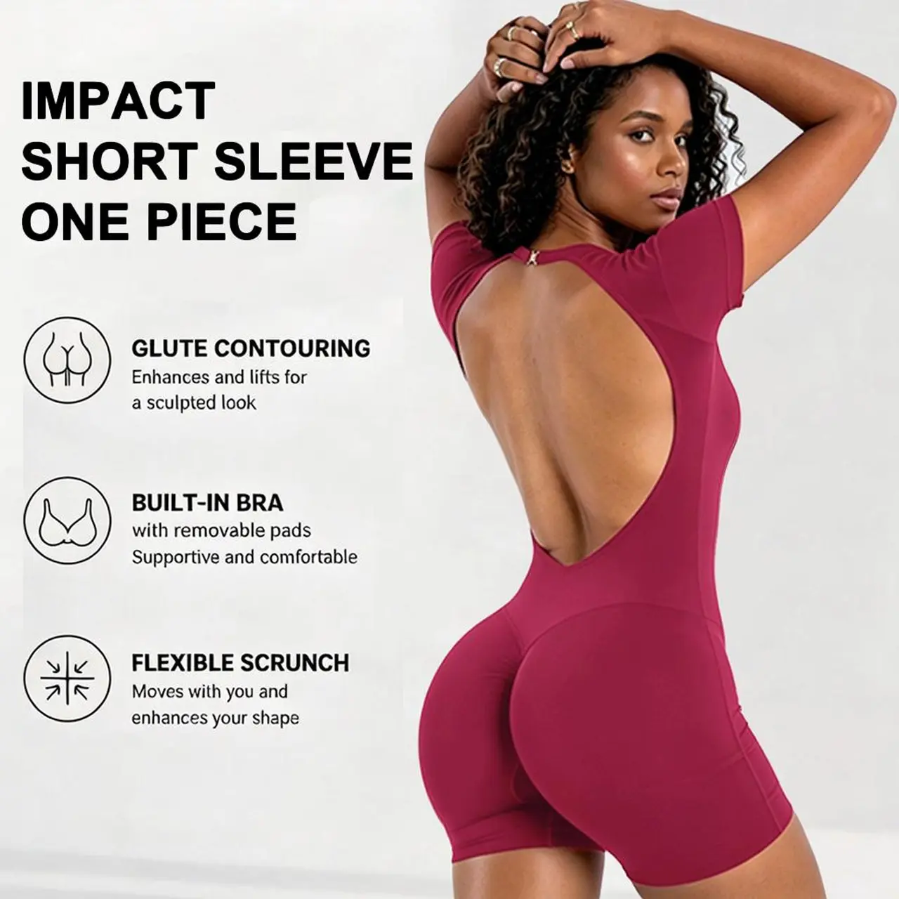 [SIZE UP 1] DEEFY Impact Short Sleeve One Piece Women Soft Padded Bralette Tummy Control Butt Lifting Gym Workout Yoga One Piece Activewear Bodysuits [STRONG COMPRESSED]