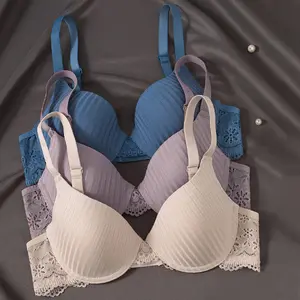 3pcs Women's Lace Patchwork Striped Underwire Bra, Push-Up with Back Closure
