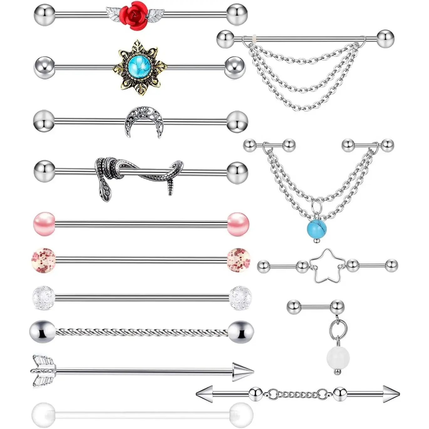 14G Industrial Piercing Jewelry For Women Men Stainless Steel 38 Industrial Barbell Long Cartilage Helix Conch Earrings Stud 14G Gauges Industrial Jewelry Butterfly Heart Cool 7-18pcs