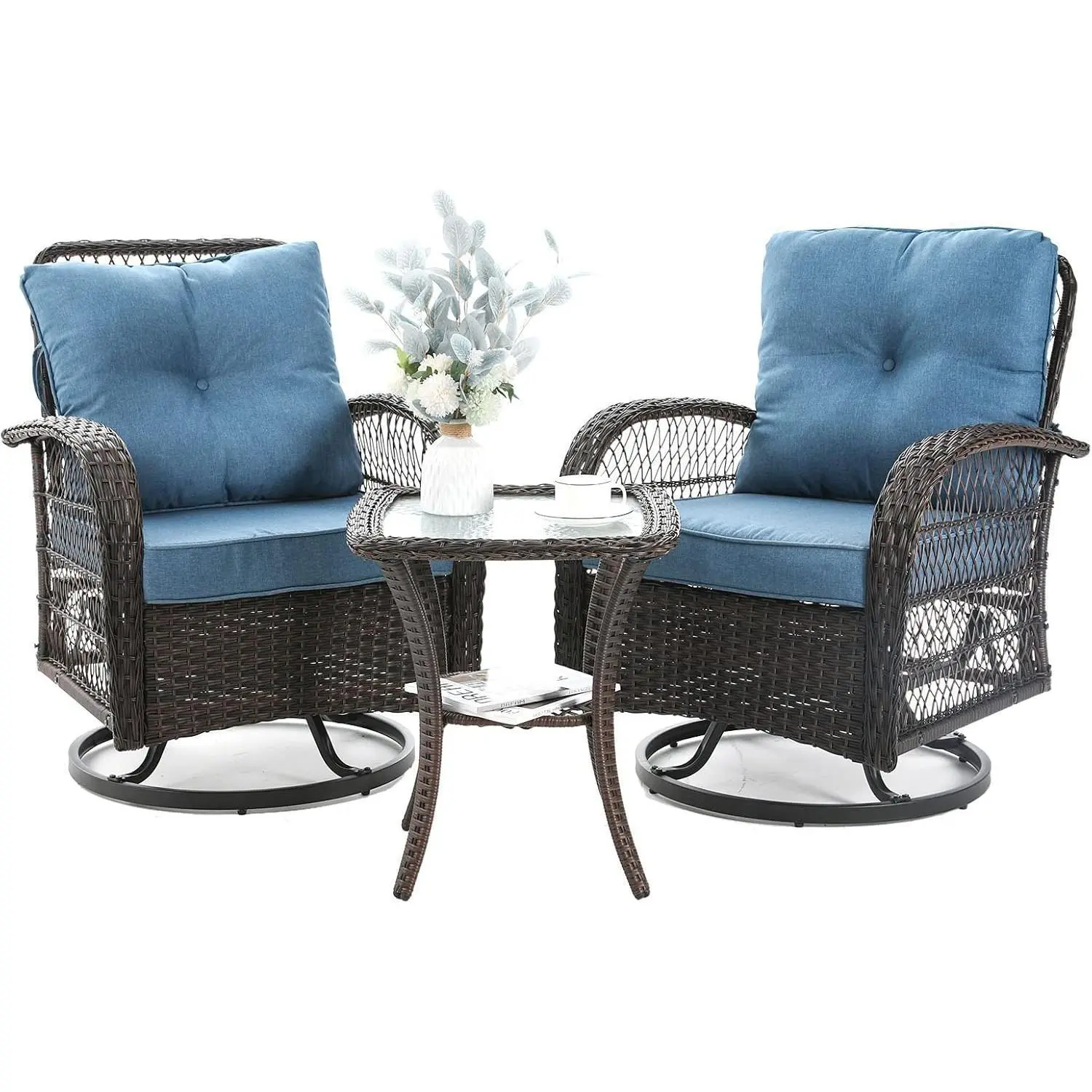 Amopatio Greenish Spring 3 Pieces Patio Bistro Set, Rattan Wicker Swivel Rocking Chairs with Thickened Cushions and Table, Comfortable Outdoor Furniture for Garden Lawn