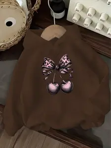 Women's Casual Fashion Hoodie, Sweatshirts, Vintage Bow Cherry Print, Kangaroo Pocket, Drawstring, Durable Material, Comfortable Fabric, Fall & Winter