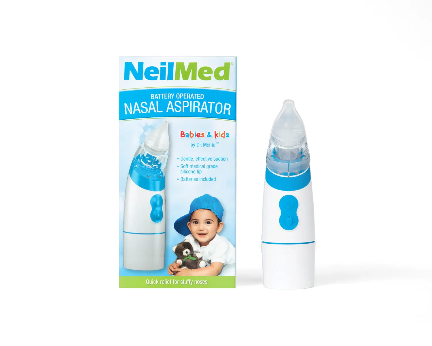 NeilMed Battery Operated Nasal Aspirator for Babies & Kids – Gentle Suction with Built-In Light, Soft Silicone Tips & Batteries Included