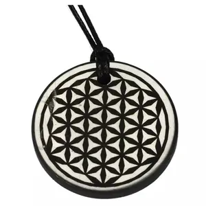 Natural Shungite Pendent with Engraved Flower of Life Design for EMF Radiation Protection - Available in Three Sizes