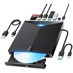 7-in-1 External CD/DVD Drive, USB 3.0 and Type-C Portable Player and Burner with 4 USB-A Ports and SD/TF Card Slots, Compatible with Laptop, Desktop, Mac and Windows