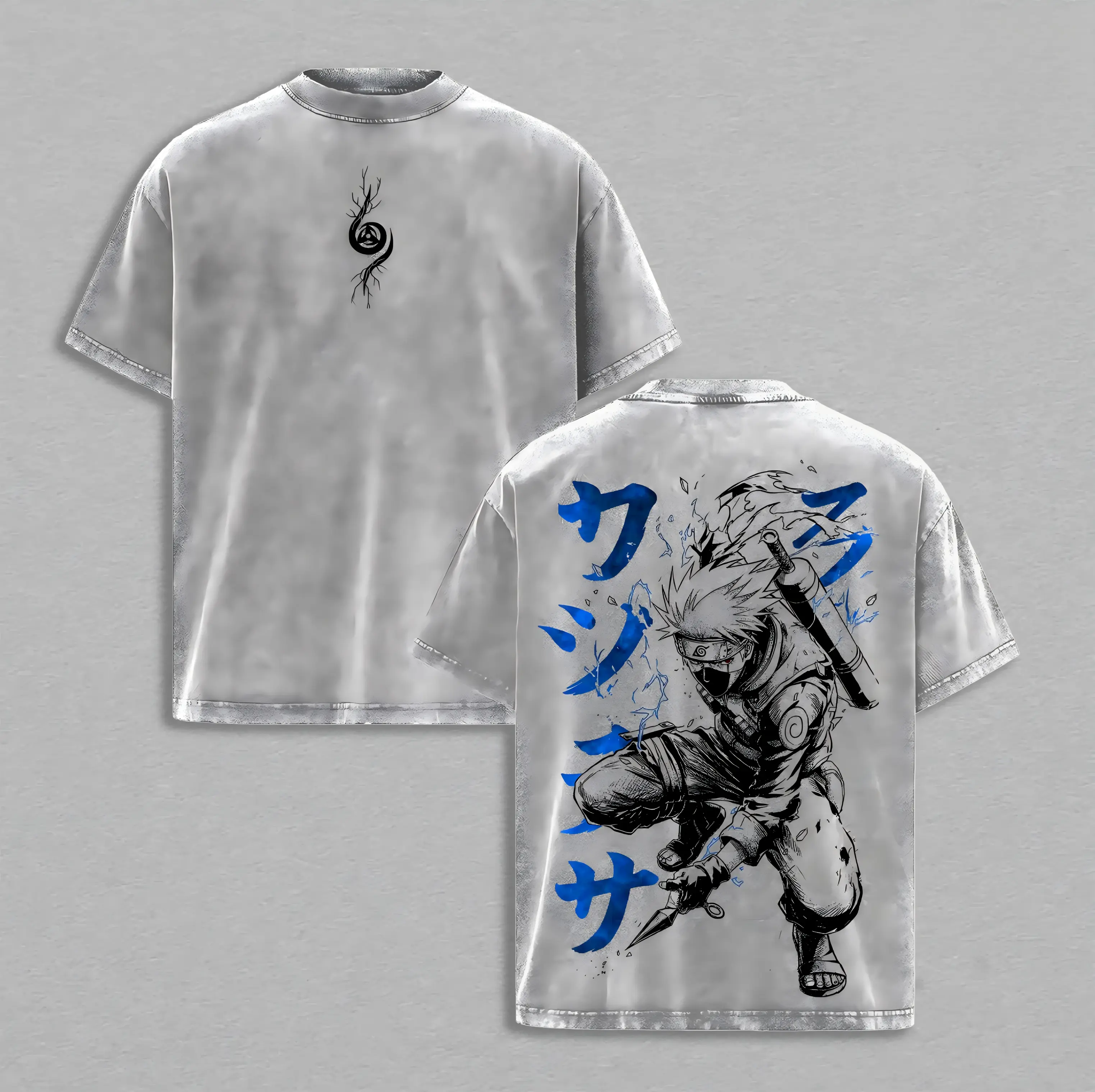 Kakashi Hatake Washed Tee – Naruto Anime Sharingan Copy Ninja Hidden Leaf Shinobi Streetwear Heavy Cotton Double Printed Graphic T-Shirt Unisex Oversize 4XL-5XLNaruto T-Shirt Oversized Crewneck