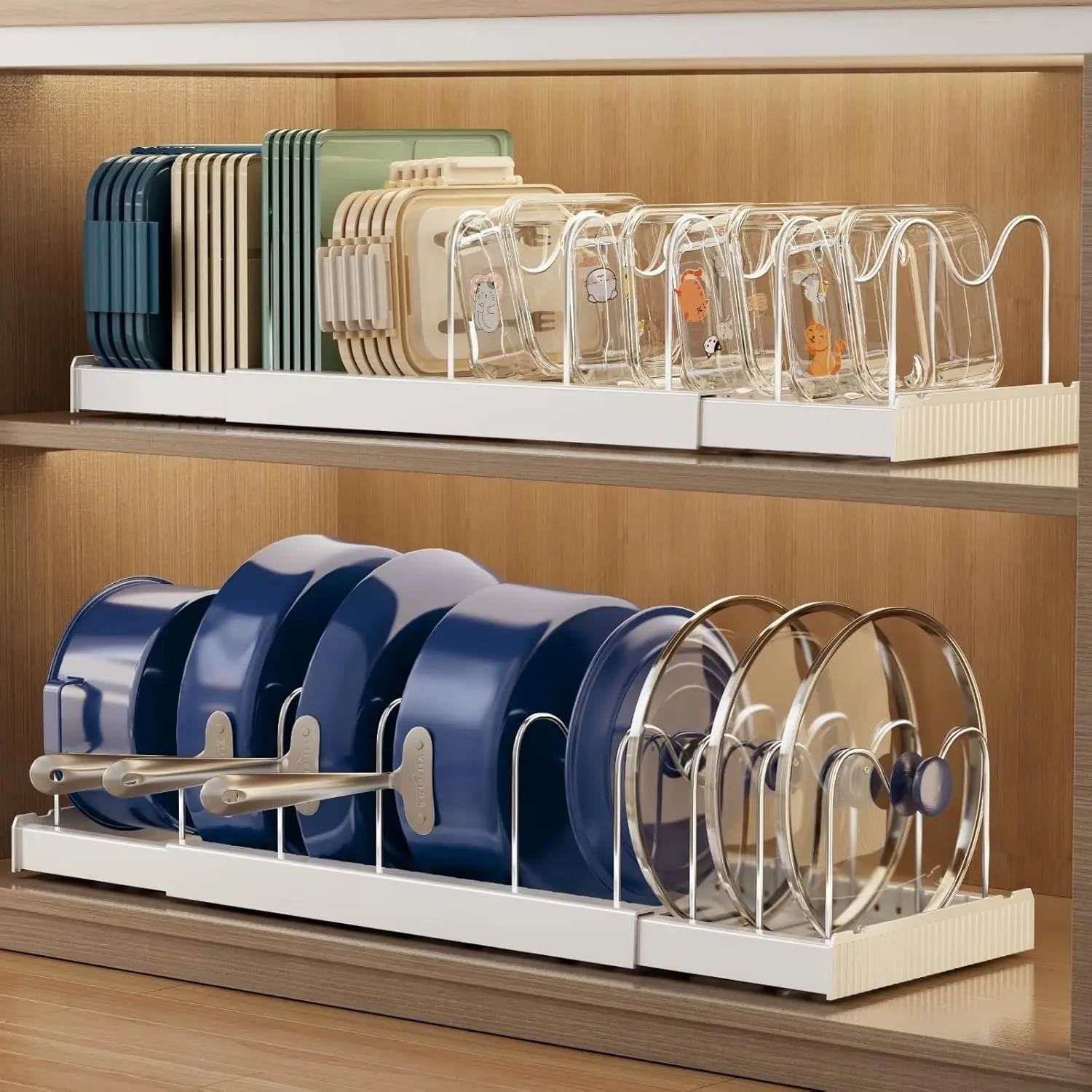2PCS Expandable Pot and Pan Organizer Rack for Cabinet Pot Lid Organizer Holder with 7 Stainless Steel Adjustable Dividers for Kitchen Cabinet plates Organizer Storage