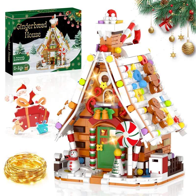 TENHORSES 916PCS Christmas Gingerbread House Building Set with LED Lights, DIY Building Blocks, Light-Up Christmas Village Decor, Christmas Gift for Kids & Adults