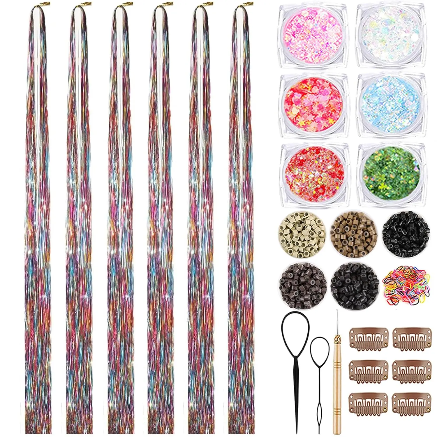 Hair Tinsel Kit With  Glitter 15 Colors 48 Inch 4500 Strands Glitter Tinsel Hair Extensions With Tools Fairy Hair Accessories, Suitable for Festivals and Daily Use (Rainbow Hair Tinsel Kit)