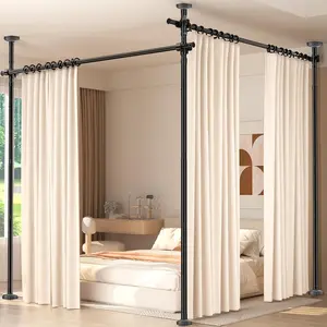 Adjustable Temporary Privacy Room Divider 4-10ft(H) 28-140inch(W), No Drilling Tension Curtain Rods, Heavy Duty Freestanding Partition Space Separator Black