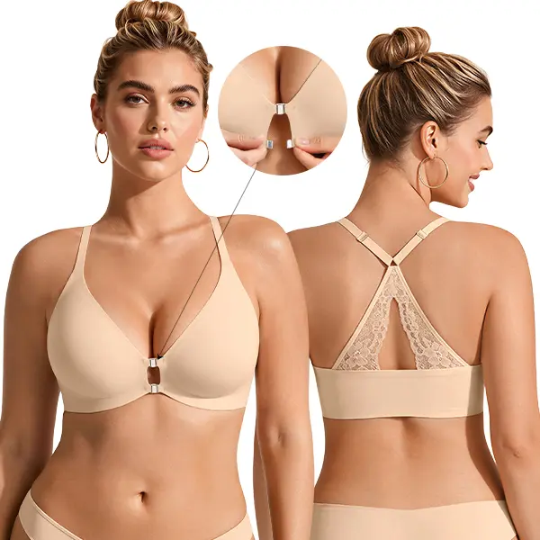 Deangelmon Front Closure Lace Racerback Bra – Wireless Jelly Semi-Fixed Cups, Ventilated Holes – Everyday, Party & Deep-V Outfits Womenswear