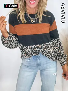 Women's Casual Colorblock Leopard Patchwork Long Sleeve Top, All Seasons Wear, Fit, Stylish and Comfortable