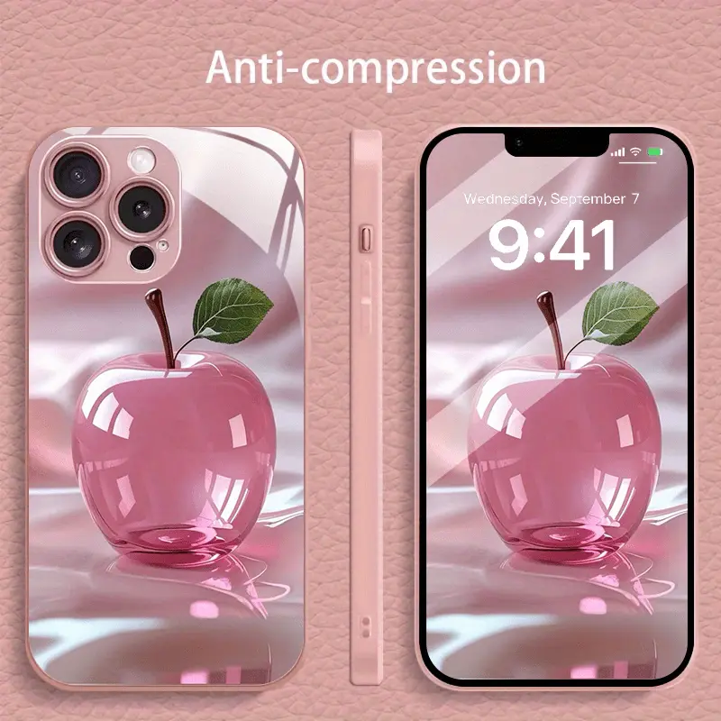 Pink Crystal Apple New Model Compatible with iPhone 16/ 16 Pro/ 16 Plus/ 16 Pro Max/ 15/ 15 Pro/ 15 Pro Max/ 14/ 14 Pro/ 14 PLUS/ 14 Pro Max/ 13/ 13 Pro/ 13 Pro Max/ 13 Mini/ 12/ 11/ XR/ XS/ X/ 7 Pink Metallic Paint Tempered Glass Phone Case