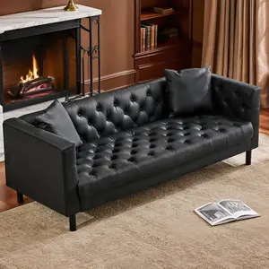 GARVEE 78" Handmade Leather 3 Seater Sofa with Button Tufted Design, Deep Seat Chesterfield Style Couch with 2 Pillows, Charcoal Black Leather Sofa for Living Room or Office Apartment