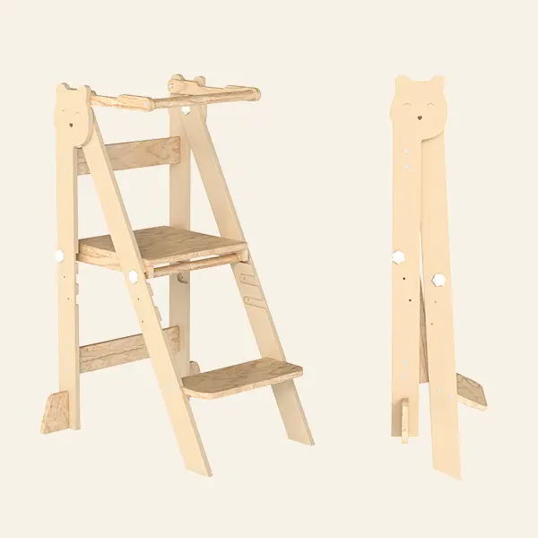 FOOWIN Kitchen Step Stool, Foldable Toddler Tower, Children Standing Tower with 3 Adjustable Heights with Non-Slip Pads, Suitable for 1.5-6 Year Old