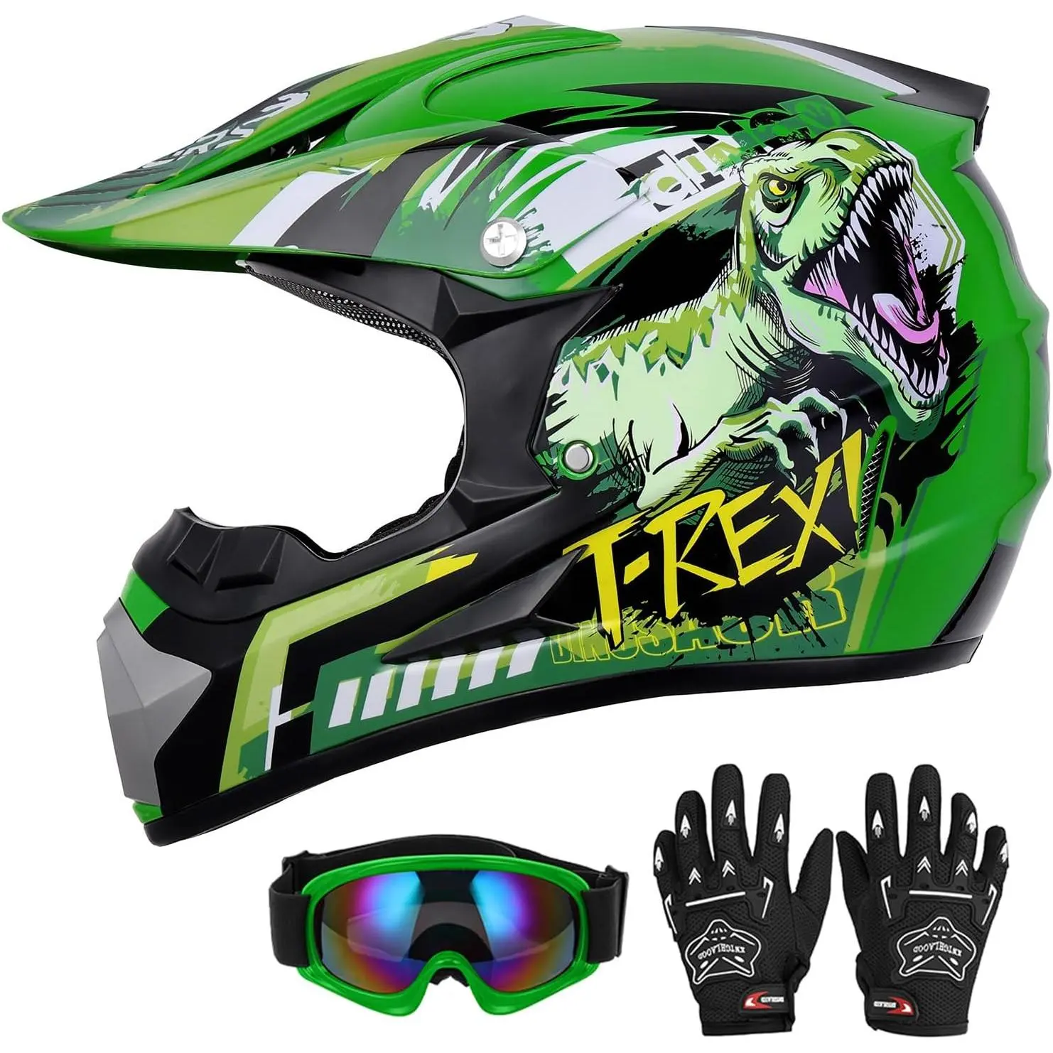 Youth Dirt Bike Helmet with Goggles & Gloves for 5-14 Years Old, Kid ATV Helmets for Youth Boys Girls, Four Wheeler Helmet, Motocross BMX MX UTV Offroad Street Go Kart Dirt Bike Dinosaur