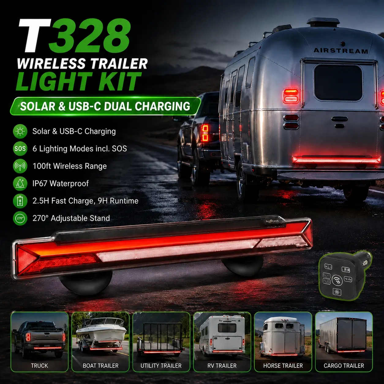 T328 Wireless Trailer Light Bar with Solar & USB-C Charging, Magnetic Suction Mount Tail Brake Turn Signal Reverse Warning Light, 100FT Signal Monitor for Truck RV Boat Cargo Trailer campingessentials