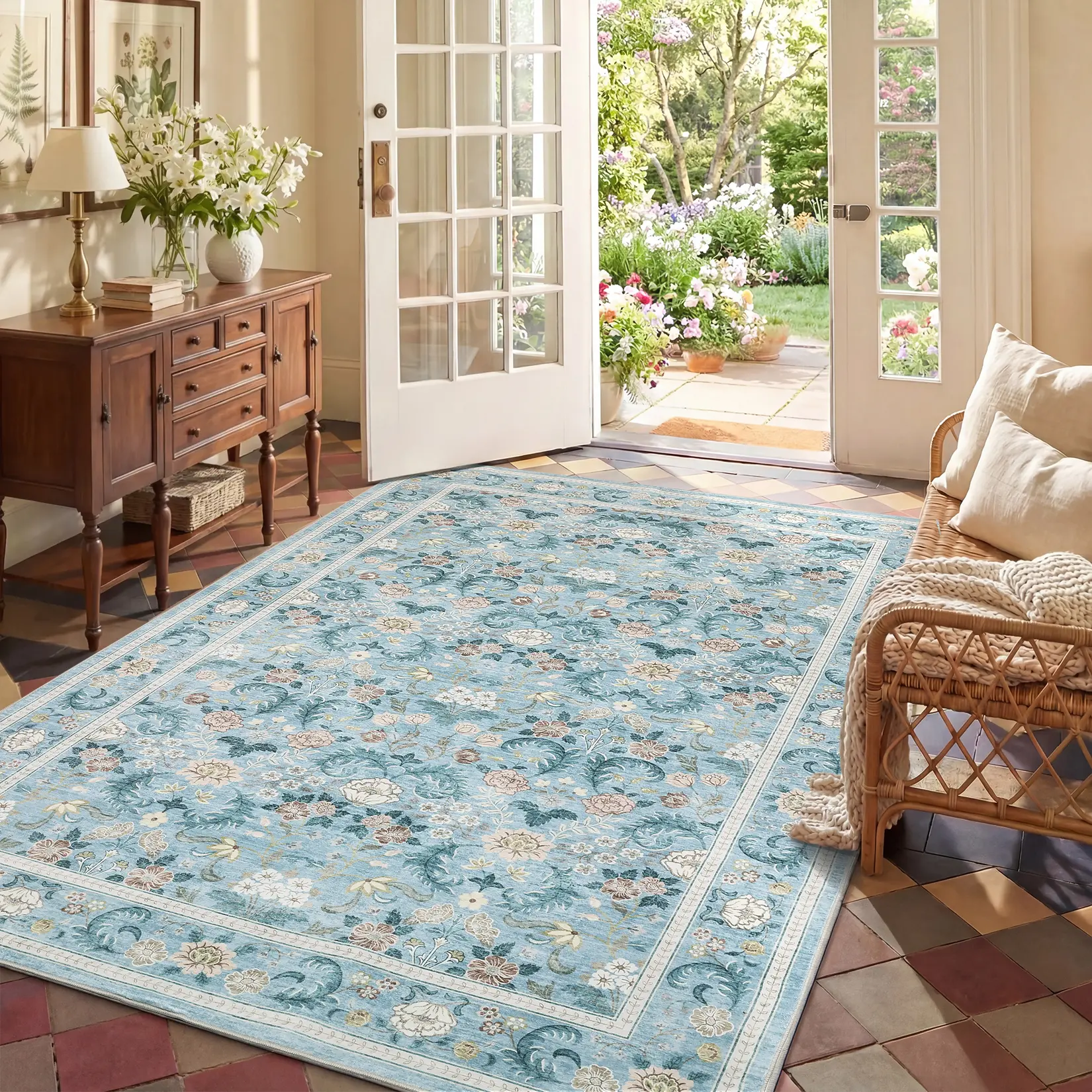 Vintage Distressed Floral Area Rug, Low-Pile Stain Resistant Washable Non-Slip Non-Shedding Farmhouse Style Rug, Indoor Decor Carpet for Entryway, Bedroom, Dining Room & Nursery
