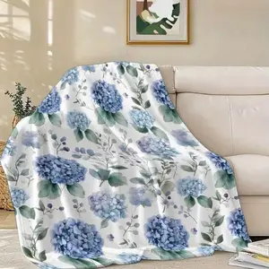 Blue Hydrangea Floral Flannel Throw Blanket Soft Warm Lightweight 280GSM Fabric Cottagecore Aesthetic Room Decor Grandmillennial Style Bed Sofa Camping Mothers Day Gift