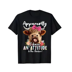 Cotton Apparently I Have An Attitude Sarcastic Highland Cow Design Unisex Tee Round Neck Short Sleeves Menswear Casual Tops Golf Gift T-ShirtUnisex T-shirts M-5XL