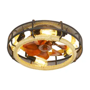 19.6'' Caged Ceiling Fan with Lights Remote Control, Small Farmhouse Ceiling Fan with Light, Fabric Woven Ceiling Fan for Bedroom Kitchen (Bulbs Included)