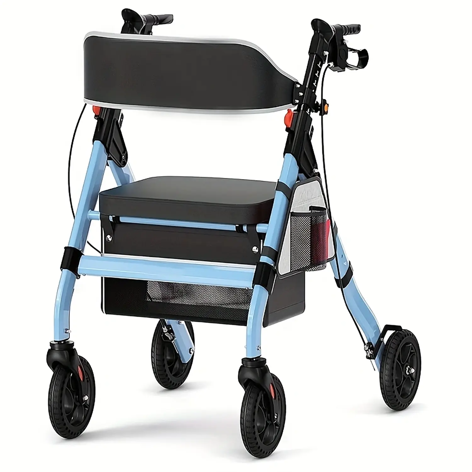 Heavy-Duty Aluminum Foldable Rollator Walker with Seat for Seniors, 450 lb Capacity, 8" Wheels, 18" Big Seat, 6-Position Adjustable Height (Blue)