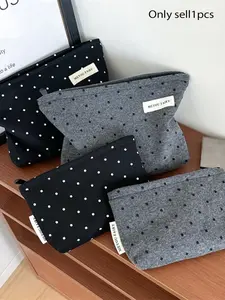 Polka dot cosmetic bag, soft cotton cosmetic bag, simple black and gray zipper storage bag, women's aesthetic travel supplies storage bag, Travel Cosmetic Bags
