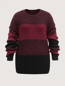 BloomChic Women's Oversized Knit Pullover, Casual Deep Red Sweater with a Geometric Color Block Print and Round Neck, Knitting