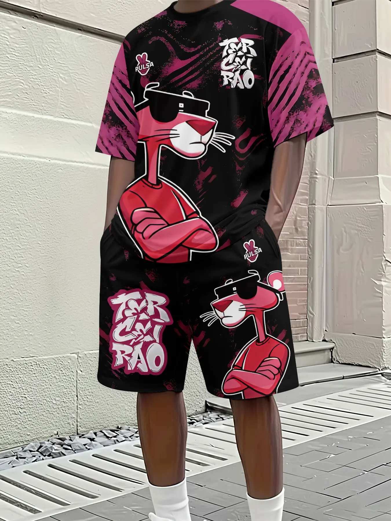 Pink Panther Graffiti 3D Digital Printed Two-Piece Set, 2Pcs, Trendy Fashion Set, Trendy Retro Casual Two-Piece Set, Vacation Style Trendy Outfit, Breathable Sports Casual Style, Perfect Holiday Gift for Men, Menswear