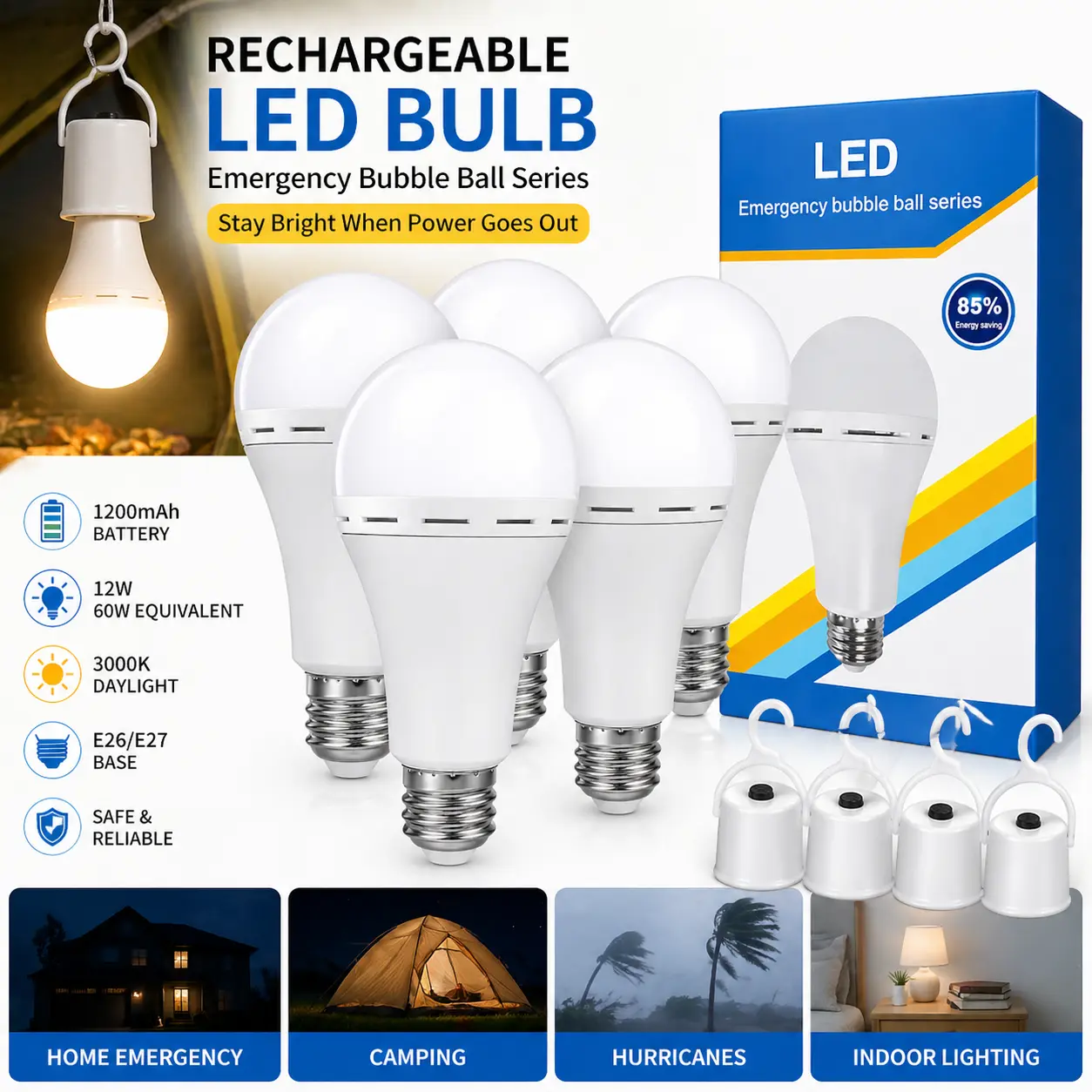 4PCS Emergency Rechargeable Light Bulbs, LED Battery Backup Bulb for Blackout, 12W Super Bright 60W Equivalent, E26/E27 Socket, Portable Camping Lamp for Home Hurricane Survival