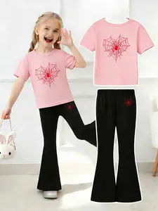 Girls' Spider Web Print Casual Set, Round Neck Short Sleeve Top & Slim Fit Bell Pants, Breathable Soft Fabric, Perfect for Daily Wear