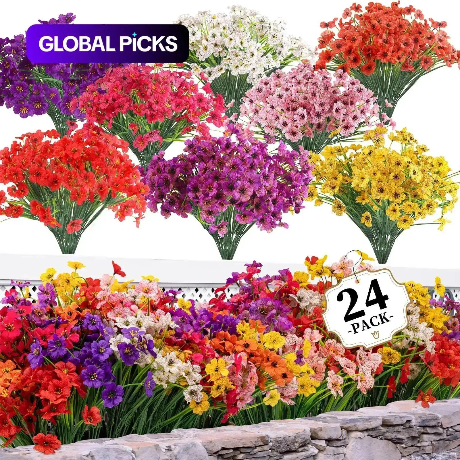 Mixed Color UV-Resistant Artificial Flower Bouquets - 8-Color, 24-Piece Set, Artificial Outdoor Plants, Hanging Ornaments, Home Decor Items for Home, Garden
