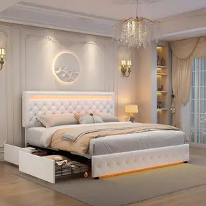 LED Bed Frame King Size with Storage Drawers, Upholstered Modern Platform Bed, RGB Lights, No Box Spring Needed, Perfect Gift