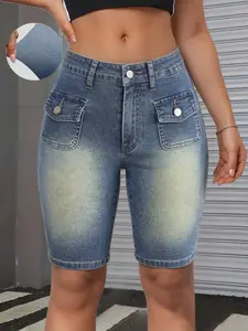 Women's Denim Shorts, Womenswear Bottom, Summer High-Waisted Stretchy Fitted, Pockets Button, Bermuda Style, Y2K, Cool and Chic, Retro Casual, Trendy Fashion Item