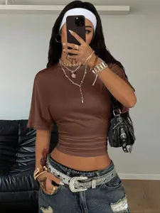 Women's Summer Casual Everyday Y2K Basic Loose Ruched Short T-Shirt, Elastic Street Style Tee for Daily Wear & Back to School Streetwear
