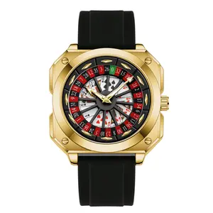 Men's Quartz Watch with Roulette Wheel Design, Creative Las Vegas Casino Poker Theme Dial, Luxury Gold Square Case Sports Wristwatch with Silicone Strap