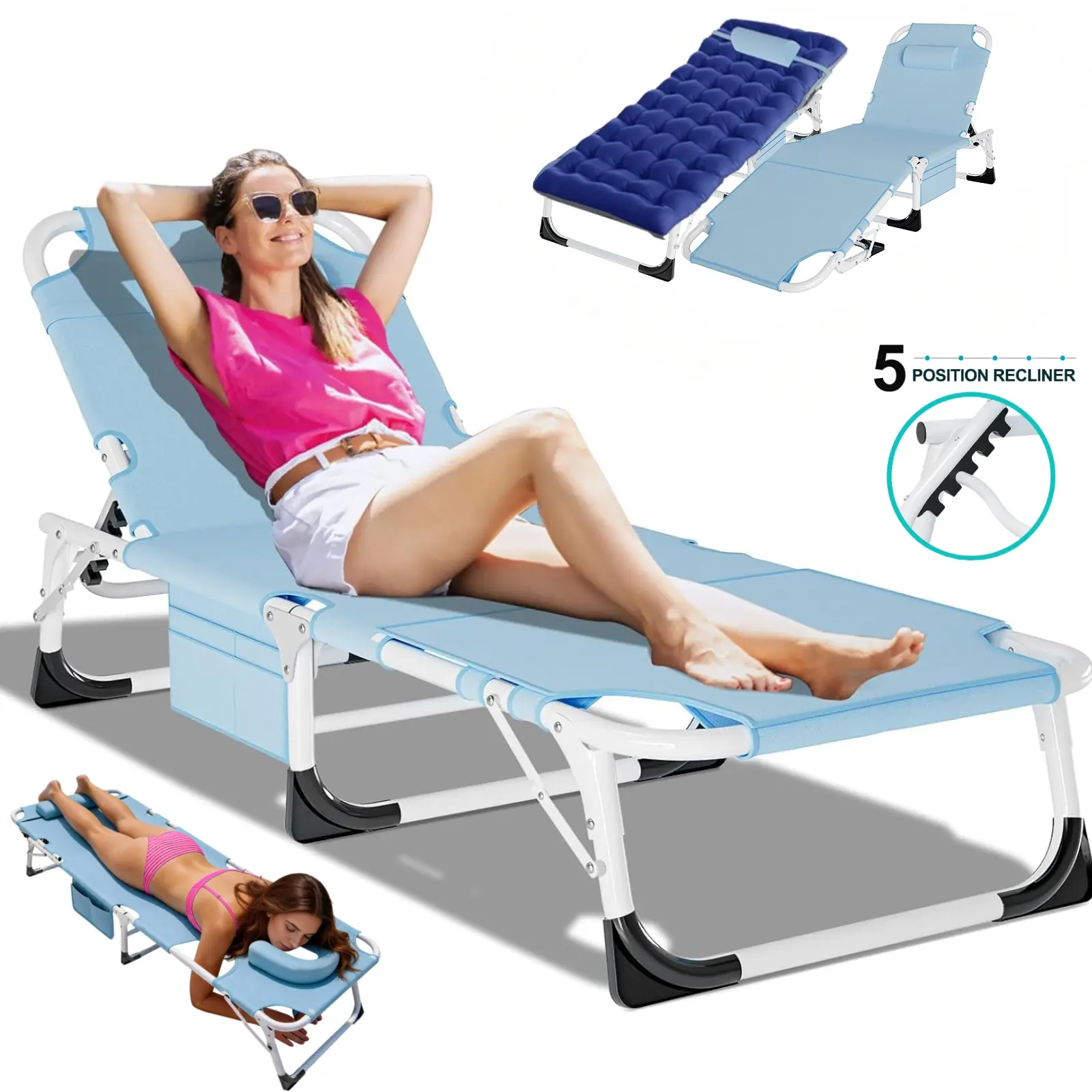 DOCRED Luxury Folding Sun Lounger, Heavy Duty Iron 5-Position Recliner with Face Hole & Padded Mat for Beach, Patio, Camping Gear, Beach Chair, Unisex