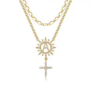 MEIITRUE 14K Gold Plated Sun & Cross Initial Necklace for Women, Hypoallergenic Layered Necklace Set, Perfect Jewelry,swasika jewelry Gift