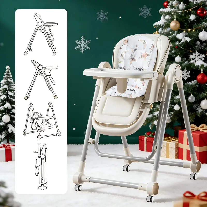 3-in-1 Foldable Baby High Chair with Locking Wheels – Adjustable Feeding Chair, Removable Tray, Detachable PU Cushion for Infants & Toddlers portable