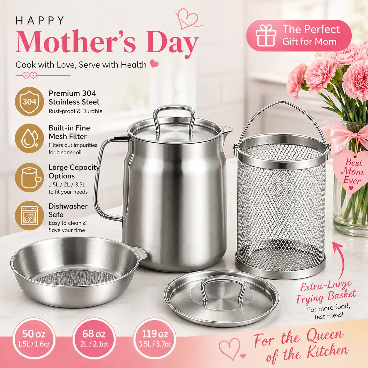 2.0L Stainless Steel Deep Fryer Pot with Basket & Strainer, Large Capacity Bacon Grease Container for Kitchen,Frying, Cooking, Camping,Oil Filter Container - Dishwasher Safe
