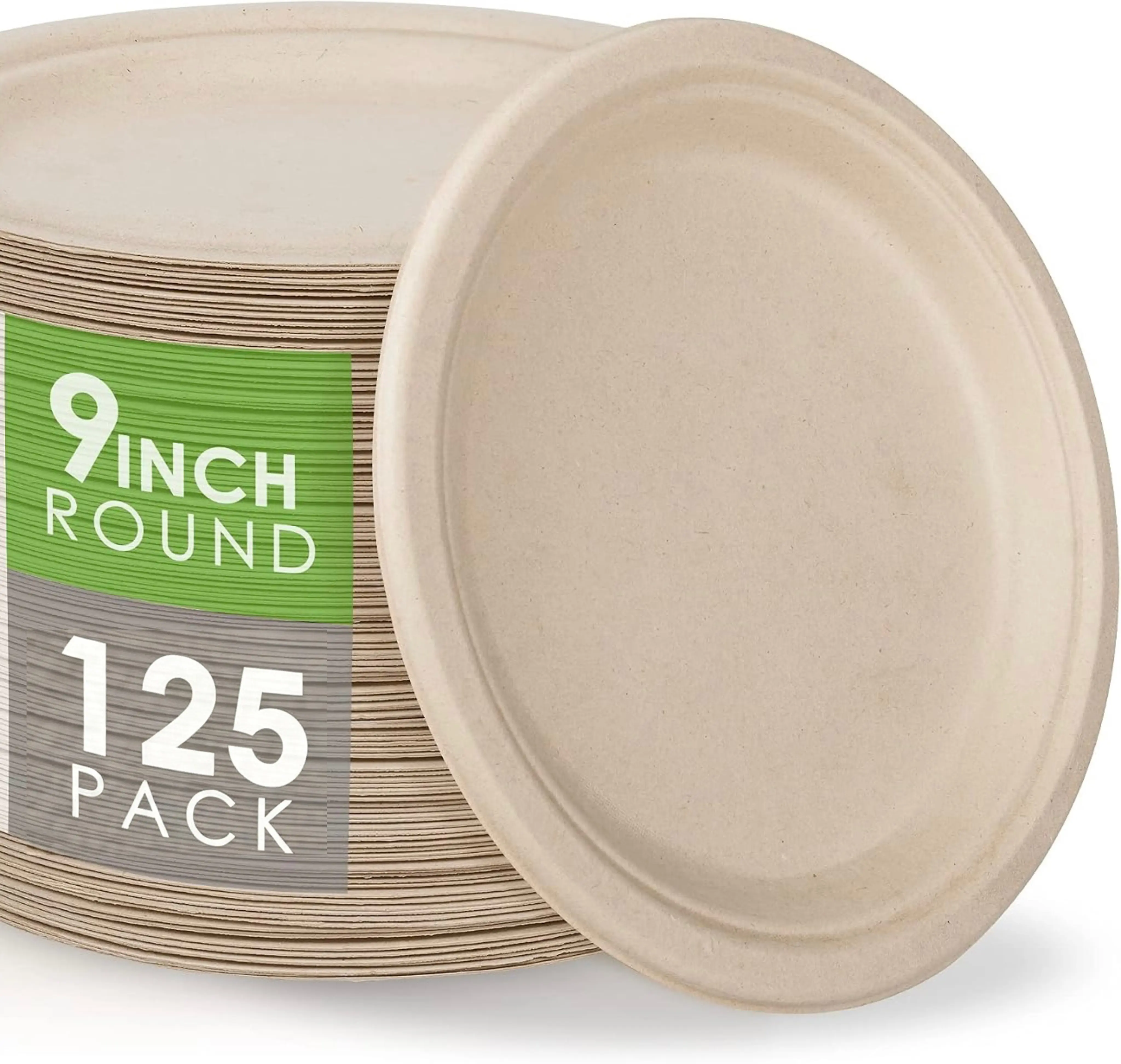 9 Inch Compostable Paper Plates 125 Pack, Disposable Sugarcane Bagasse Plates, Eco-Friendly Biodegradable Heavy Duty Plates for Party, BBQ, Picnic, Catering