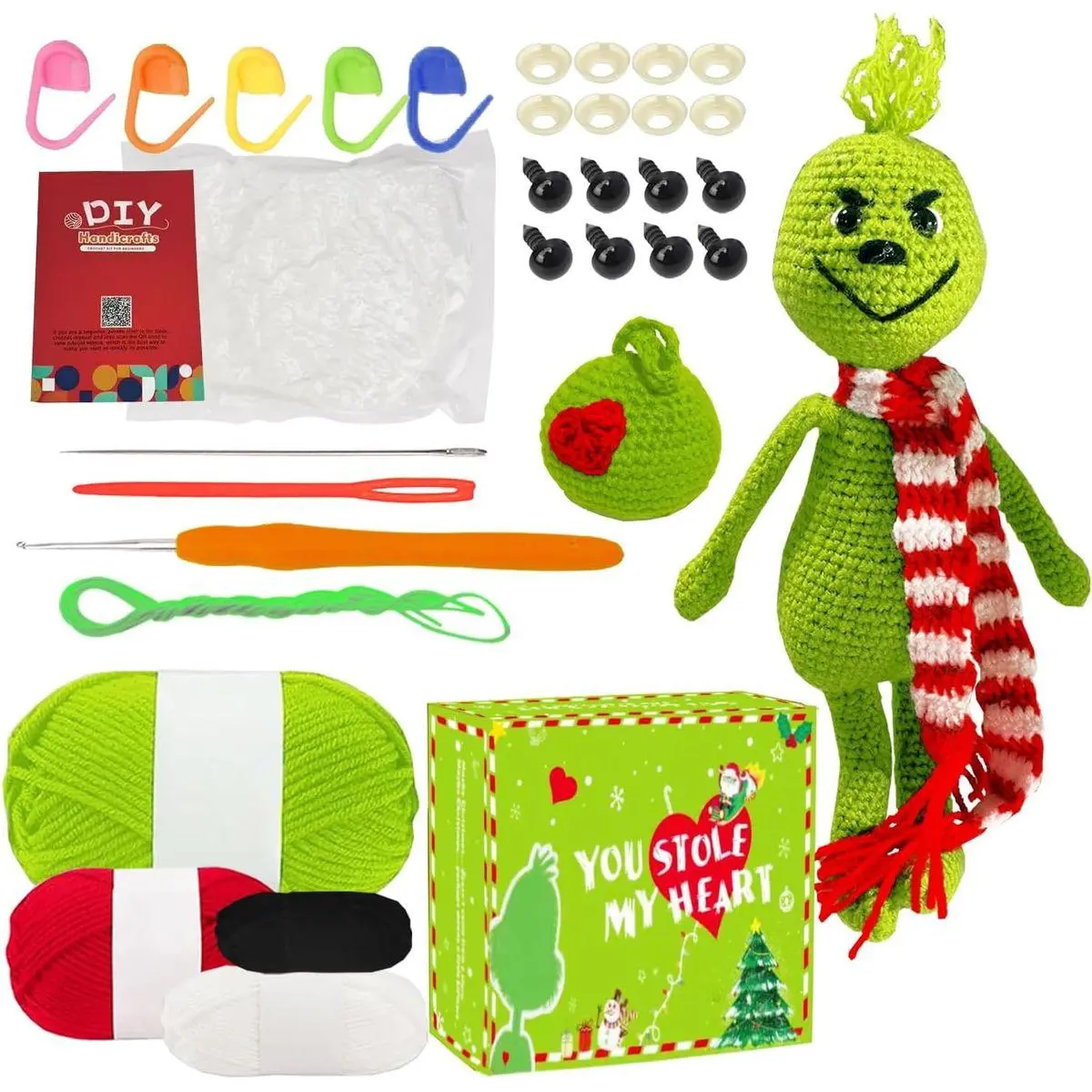 Christmas Crochet Kit for Beginner, DIY Winter Christmas Ball Crochet Starter Set, Holiday Gift YOU STOLEN MY HEART Knitting Soft Yarn Hooks Crafts, Xmas Surprise Box with Step-by-Step Video Tutorials