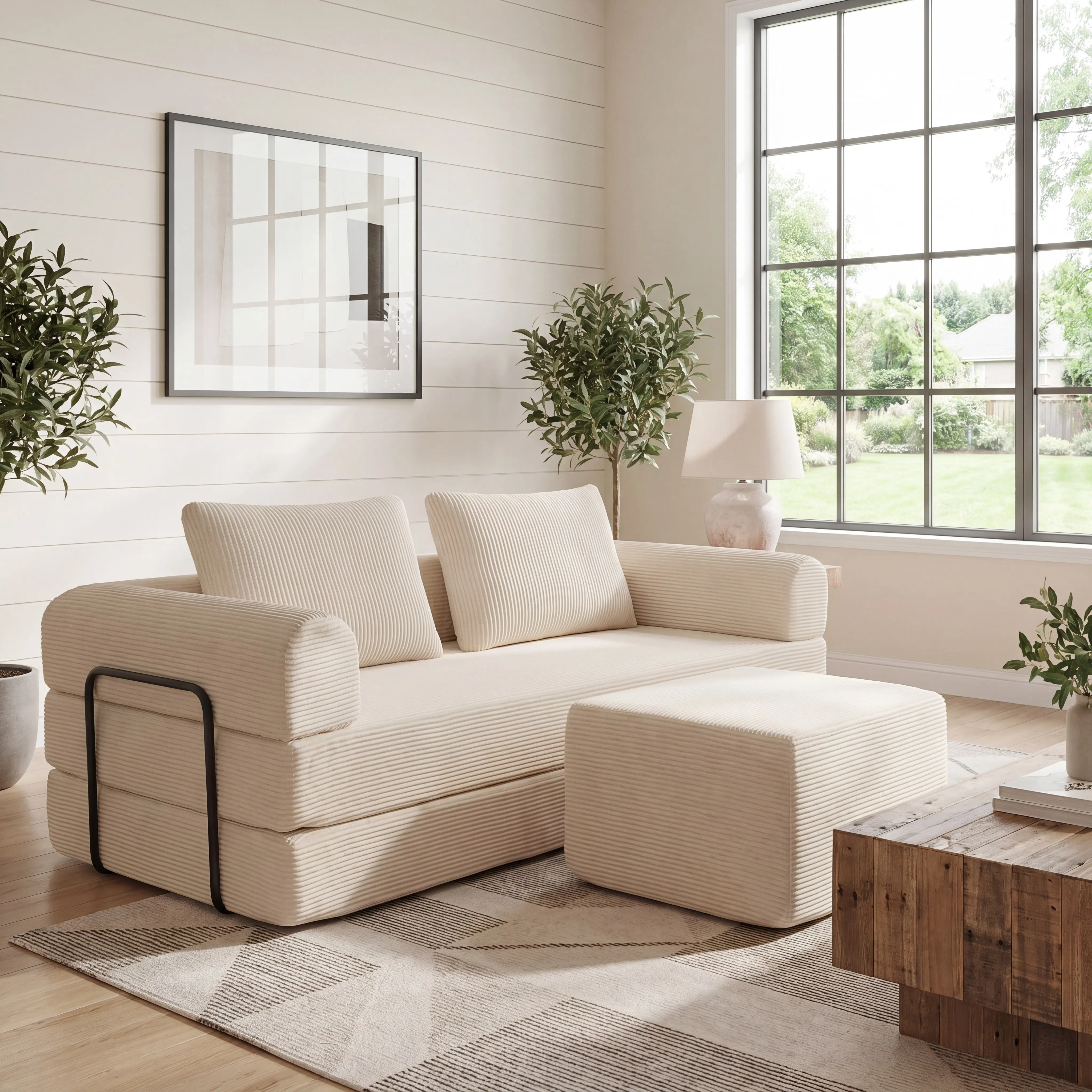 Durable Corduroy Convertible Sofa Bed - Modern Boneless Modular Futon with Fixed Arms, Folding Oversized Plush Chaise Lounge, Fully Assembled Dust-Free Vacuum Packed Bedroom Furniture for Rental Small Apartments, Budget-Friendly Nugget Couch